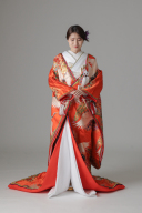 八重重ね 鶴に花/朱赤