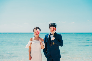 セルフ写真と青い海