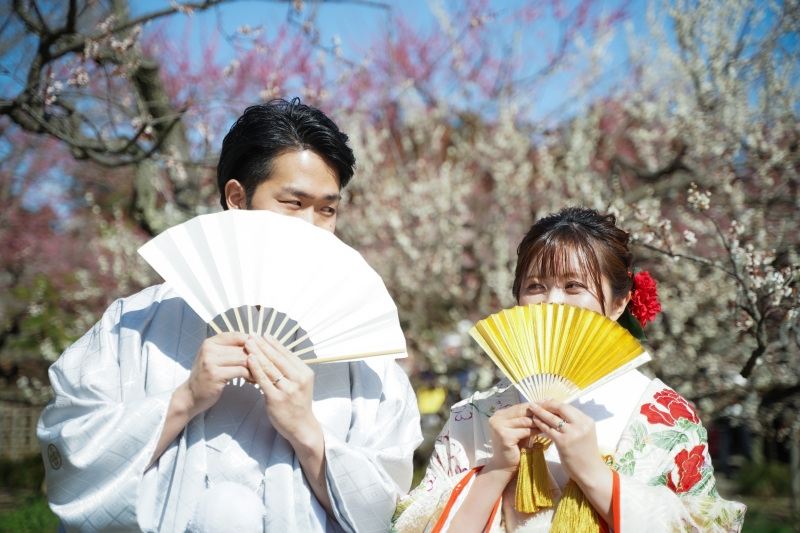 扇子から覗くお茶目な視線。梅と青空に映える笑顔