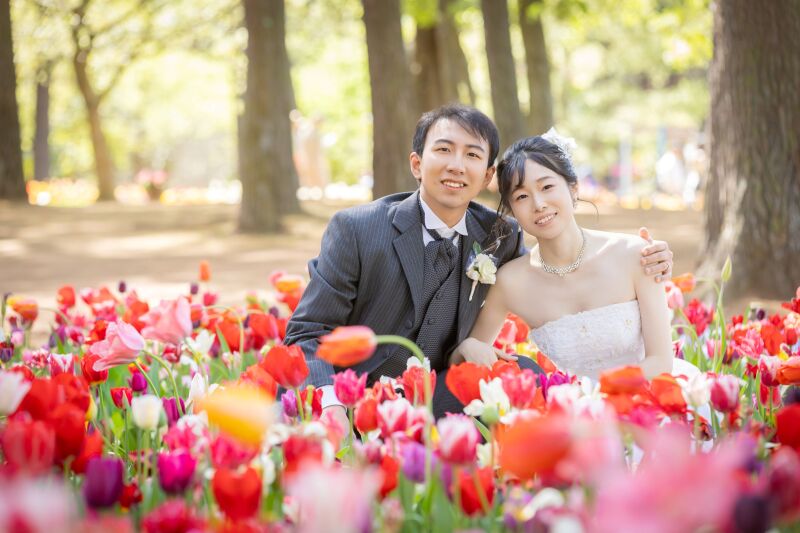 最後は笑顔で締めくくるチューリップ畑