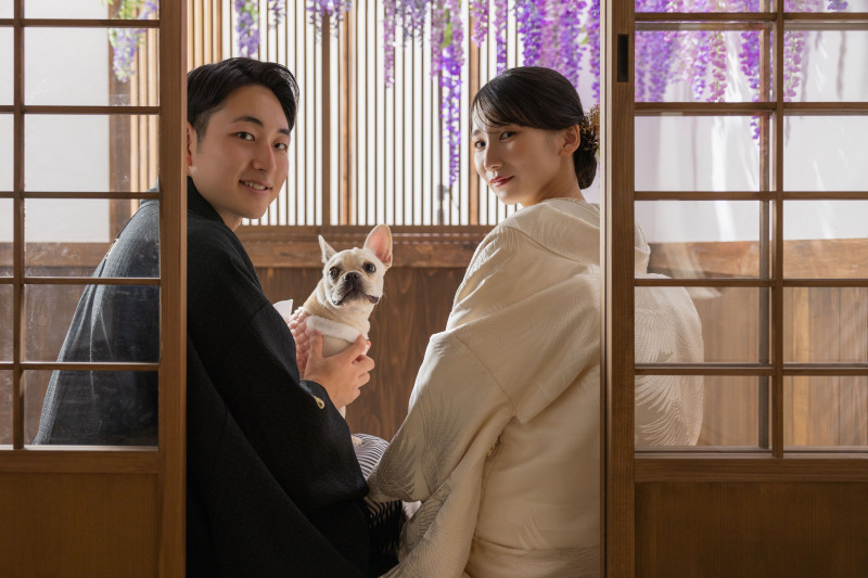 二人を見つめるワンちゃん