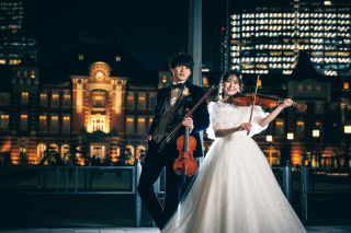 The oneday photo wedding_夜の東京駅周辺ロケ(和田倉門や明治安田生命前で夜景撮影)