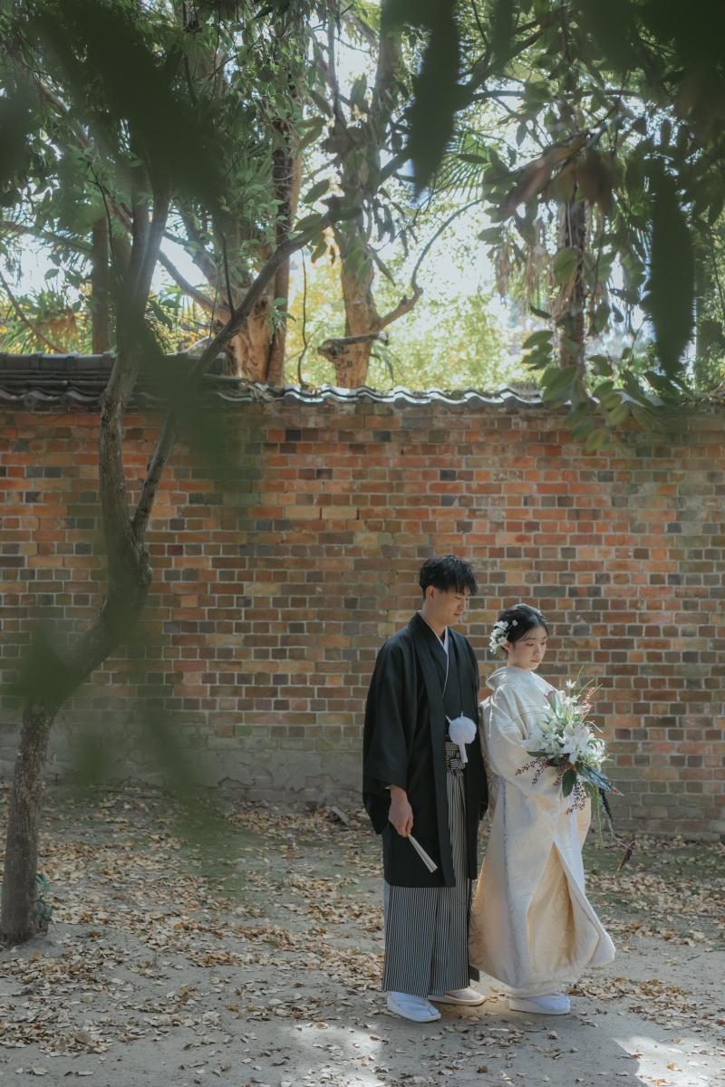 レンガの壁を背景に