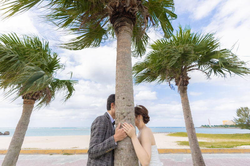 ヤシの木に寄り添うふたりの距離感