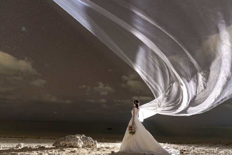 星空の下でもソロショット。白のドレスに漆黒の夜。