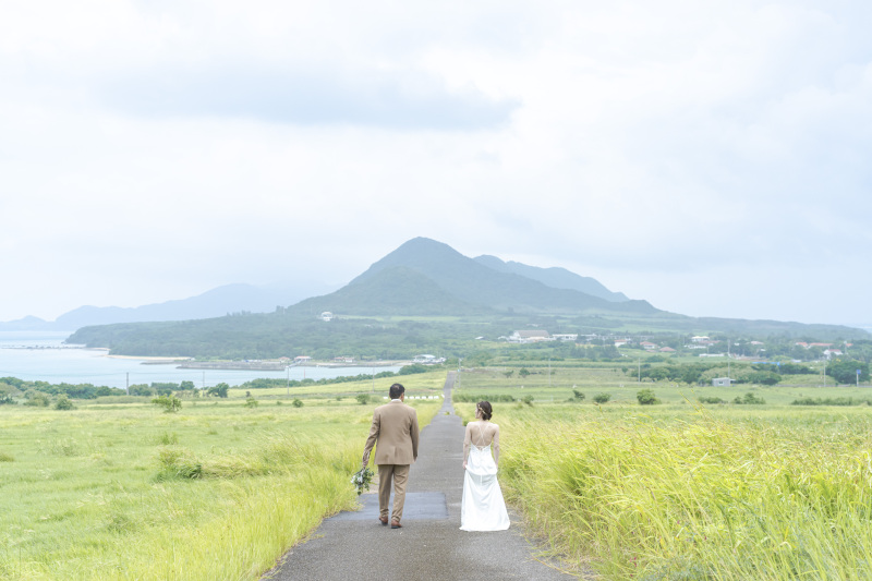 海と山が見える一本道。気持ちの良い景色。