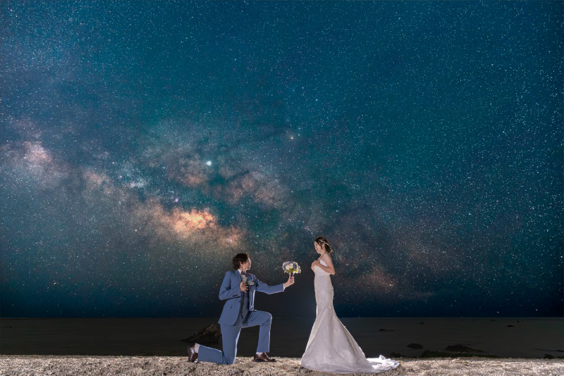 星空の撮影。プロポーズポーズで。