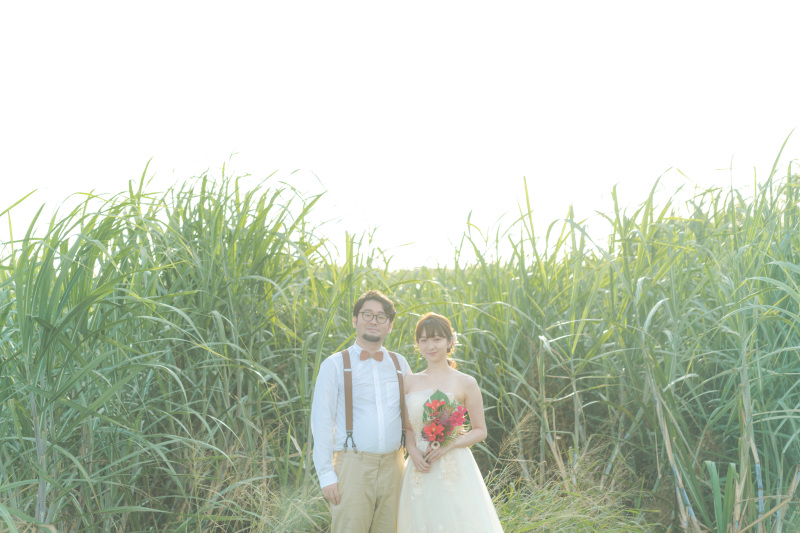 日が傾いてきたサトウキビ畑の前で。