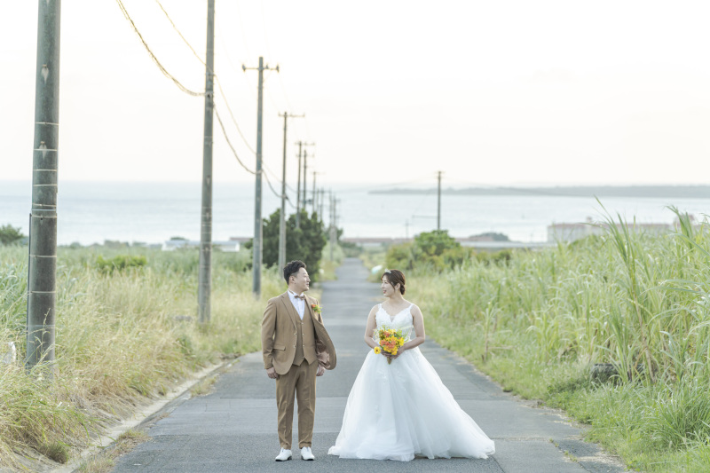 海と竹富島の見える一本道