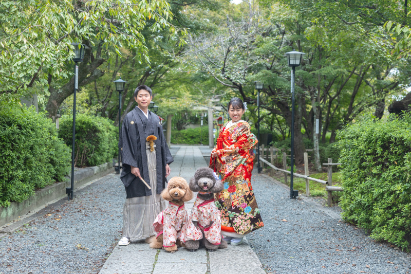 ワンちゃんたちと頑張っていただいたかわいいお二人の和装洋装ロケ。