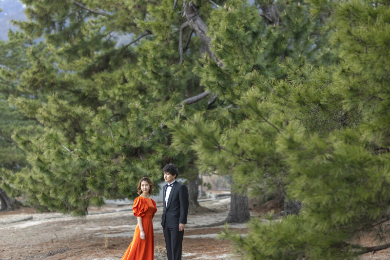 個性的な色味のカラードレスをまとって。