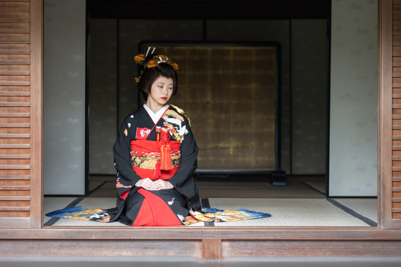 【京都和装引き振袖】黒の引き振袖で撮影する長岡天満宮での本格和装プラン。オプションで鬘利用や料亭社務所での撮影が可能。会食もOK