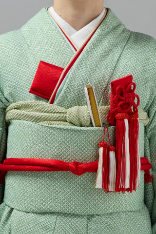 掛下コーディネート薄緑　重衿赤ベージュ1