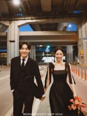 リボン付き黒サテンドレスアンクル丈