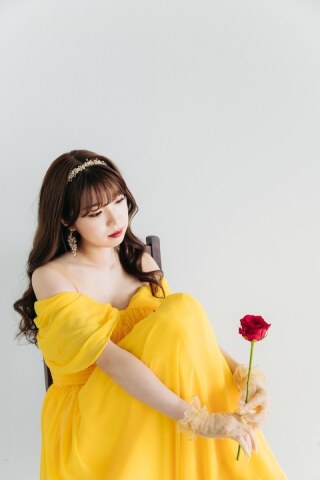 オフショルダーシフォンドレスマスタードイエロー