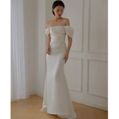 オフショルダーサテンソフトマーメイドドレス