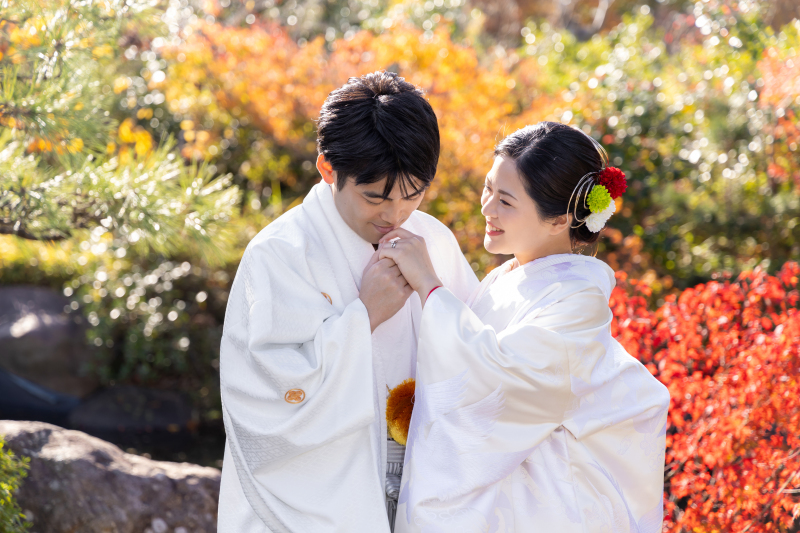 紅葉と日差しが二人を暖かく包む幻想的なカット