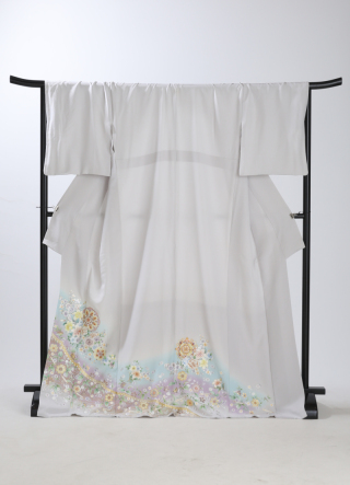 301　色留袖　グレーなでしこ百合ラメ