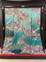 緑青　相良刺繍　流水花園に鶴