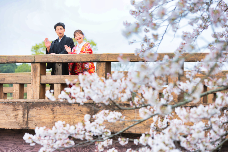 満開の桜の向こうのおふたり