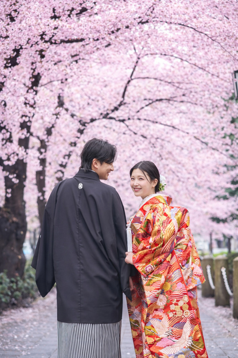 桜に囲まれた、お二人らしい一枚