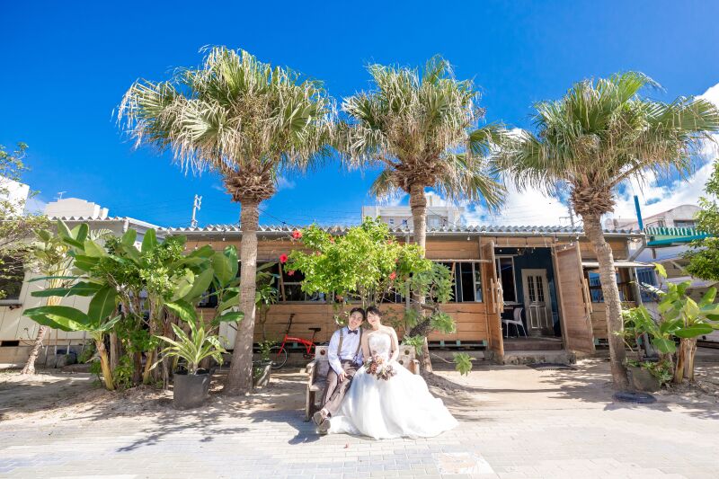 沖縄らしいヤシの木をバックに