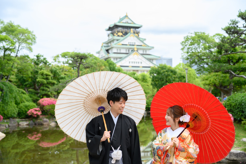 大阪城と番傘和装撮影