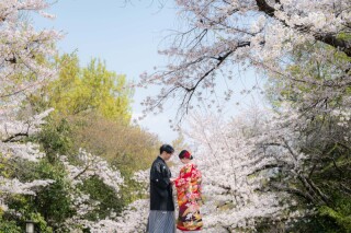 満開の桜に包まれた春らしい一枚。柔らかい光と風の動きを活かしながら、自然な笑顔を引き出しました。季節感を大切に、お二人の幸せな空気ごと残しています。