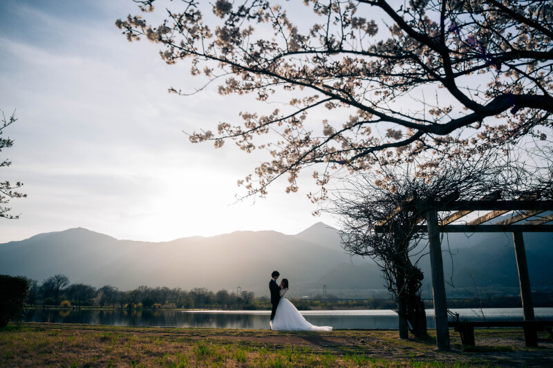 山と桜を背景に、夕日が落ちるまで。