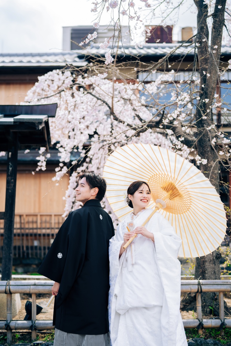 枝垂れ桜を背景に、和装らしさを引き出します。