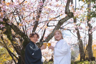 桜とビールでお花見気分！